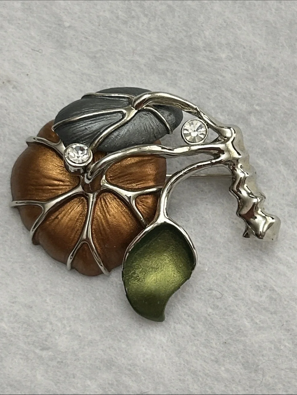 Pumpkin Leaf Brooch - Green and Bronze with Clear Rhinestone Accent